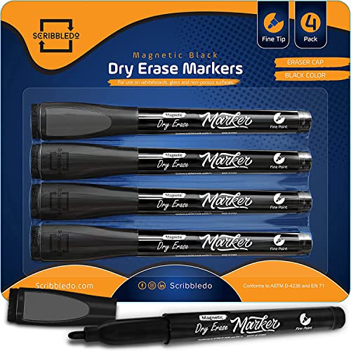 Scribbledo Magnetic Dry Erase Markers Fine Tip Black Color Low Odor Whiteboard Markers with Eraser Cap Thin Skinny White Board Markers for Adults Students Teachers Kids Art Home & School (4 Pack) - style: 4 Pack