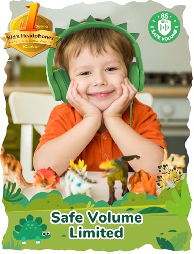 iClever Kids Headphones for School Travel, Safe Volume 85dBA, Stereo Sound Over-Ear for Kid, Foldable 3.5mm Wired Dinosaur Headphones for iPad Computer, HS19S - color: Dinosaur Green