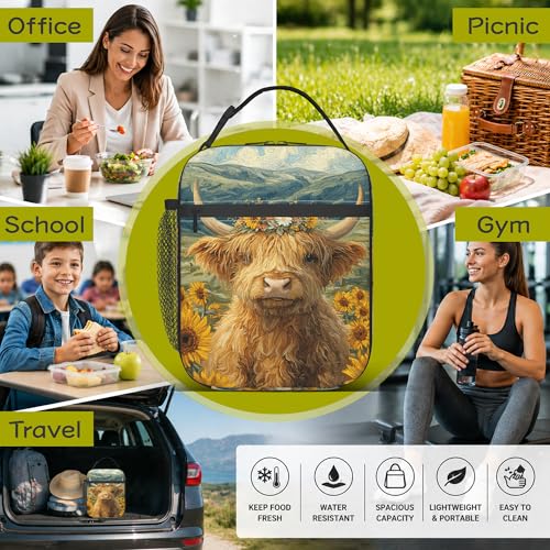 Highland Cow Sunflower Kids Lunch Bag Insulated Lunch Box Cooler Freezable Meal Prep Bag with Shoulder Strap Waterproof Lunch Container for Boys Girls School Office Picnic - color: Highland Cow Sunflower