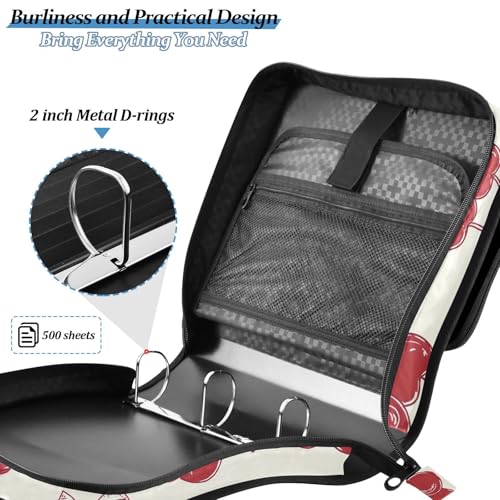 3 Ring Zipper Binder with Shoulder Strap Red Bow Cherry Love 2 Inch Zippered Binder Bag 500 Sheet Capacity Multi Pockets for School Supplies - color: Multi40