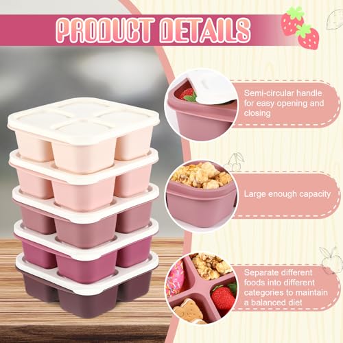 Honeydak 5 Pack Snack Containers 4 Compartment Bento Snack Boxes Reusable Lunchable Containers with Lids Divided Meal Prep Lunch Food Storage Box for School Work Travel(Rose Red Ombre,Equal) - color: Rose Red Ombre, style: Equal