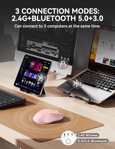 TECKNET Bluetooth Mouse, [ USB + BT1 + BT2 ] Wireless Mouse for Laptop, Silent Click, Ergonomic Design, 4800 DPI Computer Mice Wireless, Dual Mode for Laptop, Computer, iPad, MacBook - color: Pink