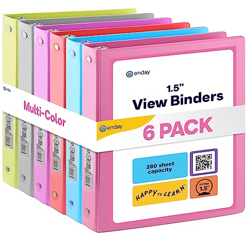 Enday 1.5 Inch Binder (6 Pack - Assorted Colors) 3 Ring Binder 1.5 inch with Clear View Cover and 2 Inside Pocket - for Letter Size 8.5 x 11'' Paper, Ideal for School Supplies, Office, and Home - size: 1.5-Inch
