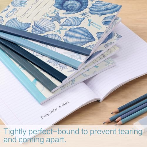 AmazingSpark Blue 6 Pack Composition Notebooks College Ruled Bulk Retro Sea Bow Blue Pink Composition Notebook for Back to School 110 Page 7-1/2"x9-3/4" Jellyfish Journal for First Day of School - color: Blue