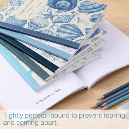 AmazingSpark Blue 6 Pack Composition Notebooks College Ruled Bulk Retro Sea Bow Blue Pink Composition Notebook for Back to School 110 Page 7-1/2"x9-3/4" Jellyfish Journal for First Day of School - color: Blue