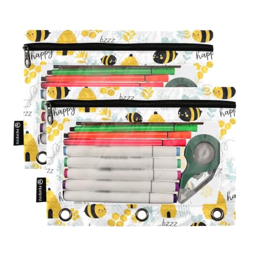 Gredecor 3 Ring Binder Pencil Pouch, Funny Bees Beehive Herbs Flower Zippered Pen Case Pouches with Clear Window, 2 Pack Stylish Office & School Supplie - color: Bees Beehive Herbs Flower