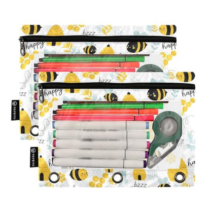 Gredecor 3 Ring Binder Pencil Pouch, Funny Bees Beehive Herbs Flower Zippered Pen Case Pouches with Clear Window, 2 Pack Stylish Office & School Supplie - color: Bees Beehive Herbs Flower