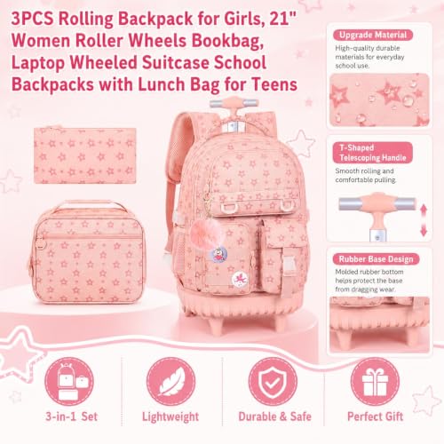 CCJPX Rolling Backpack for Girls, 3Pcs Roller Wheeled School Bookbag, Star Wheels Backpacks with Lunch Box for Kids (Pink) - color: Star Pink