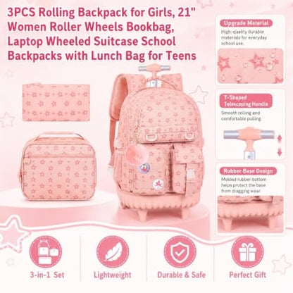 CCJPX Rolling Backpack for Girls, 3Pcs Roller Wheeled School Bookbag, Star Wheels Backpacks with Lunch Box for Kids (Pink) - color: Star Pink