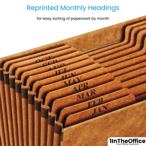 1InTheOffice Monthly Accordion File Organizer - Heavy Duty- Expanding File Folder, 12 Monthly Pockets File Organizer, Open-Top, Brown, Letter Size