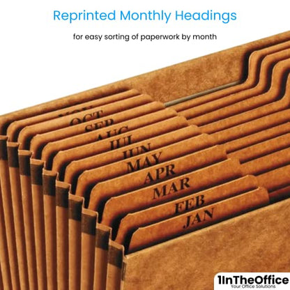 1InTheOffice Monthly Accordion File Organizer - Heavy Duty- Expanding File Folder, 12 Monthly Pockets File Organizer, Open-Top, Brown, Letter Size