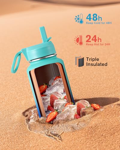 Coolflask 32 oz Water Bottle Insulated with Straw & 3 Leakproof Lids | Water Flask Stainless Steel Triple-Wall Vacuum,Cold 48+h, Dishwasher Safe,Wide Mouth,BPA-Free,Carrier Bag,for Gym,Hiking - color: Pacific Prince, size: 32 Ounces