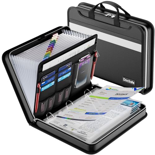 DocSafe File Organizer Zipper Binder with 30 Sheet Protector,Fireproof Accordion 12-Tab Expanding File Folder with Multiple Pockets,Home School Office Safe Storage for Documents,1.5-Inch O-Ring,Black