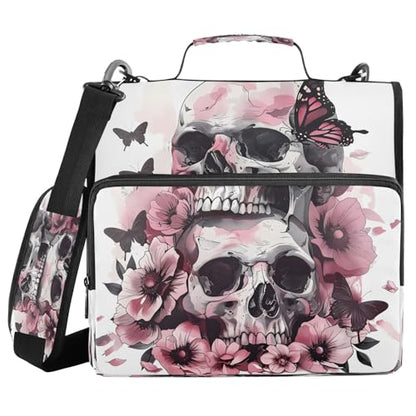 3 Ring Zipper Binder Pink Butterfly Skull Skeleton Binders Bag with Shoulder Strap 500 Sheets Paper Organizer Trapper Keeper Documents Storage File Folder for School Office - color: A1182
