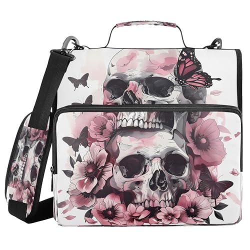3 Ring Zipper Binder Pink Butterfly Skull Skeleton Binders Bag with Shoulder Strap 500 Sheets Paper Organizer Trapper Keeper Documents Storage File Folder for School Office - color: A1182