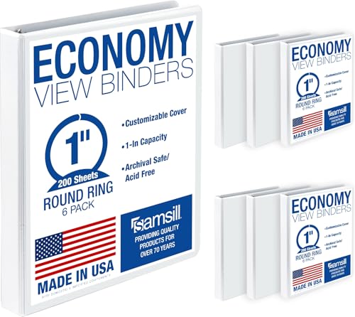Samsill 1 Inch 3 Ring Binders, Economy Round Ring, Clear View Cover, 200 Sheet Capacity - for School, Home, Office - White, 6 Pack - color: White, size: 6-Pack, style: 1-Inch