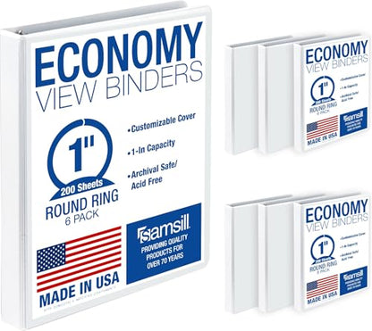 Samsill 1 Inch 3 Ring Binders, Economy Round Ring, Clear View Cover, 200 Sheet Capacity - for School, Home, Office - White, 6 Pack - color: White, size: 6-Pack, style: 1-Inch