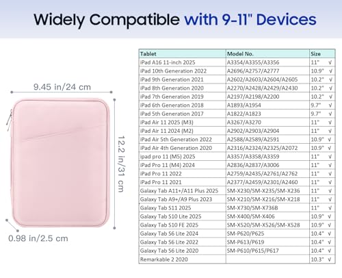 TiMOVO 9-11" Tablet Sleeve for iPad A16 & Galaxy Tab, Pink | Protective Bag with Pockets, Fits iPad 10.9"/10.2" Air 11" 5th/4th Gen, Galaxy Tab A9+/A11+ 11" - color: Pink, size: 9-11 Inch