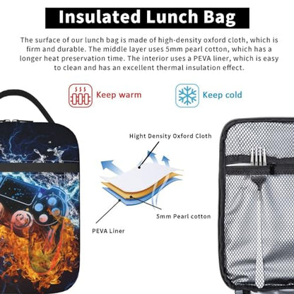 Video Game Lunch Box Fire and Water Game Lunch Bag Insulated Portable Reusable Lunch Tote Kit Waterproof Cooler Bag for Men Women Picnic Office Collega Travel Working - color: Games