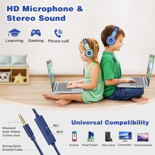 SIMOLIO Stereo Wired Headphones Teens Adults Kids Youths w/Mic & Volume Control & Volume Limited & Share Port & Portable Pouch, Safe Volume Durable Headset for Online School Gaming PC Laptop Travel