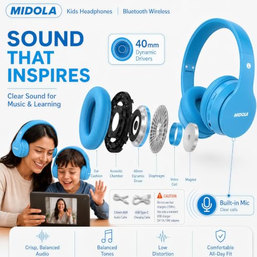 MIDOLA Kids Bluetooth Headphones 68H Play Time,Volume Limit 85/94dB, Foldable Lightweight Wireless Over-Ear Headphone for Kid Toddler Child Pad Tablet,Headsets with Built-in Mic Blue - color: Blue
