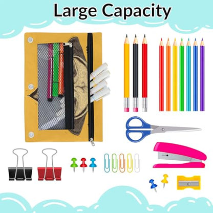 Cute Pug Pencil Pouch for 3 Ring Binder Dog Yellow Pencil Case Bag with Clear Window Zipper Pockets for Kids Girls Boys Students School College Supplies 2 Pack - color: Yellow Brown