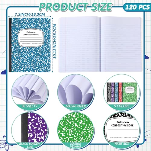 Fulmoon 120 Pack Composition Notebook Bulk 10.12 x 7.2'' Composition Notebook Pack 30 Sheets/60 Pages Marble Covers Composition Notebooks for College School Office Supplies 5 Colors (College Ruled) - style: College Ruled