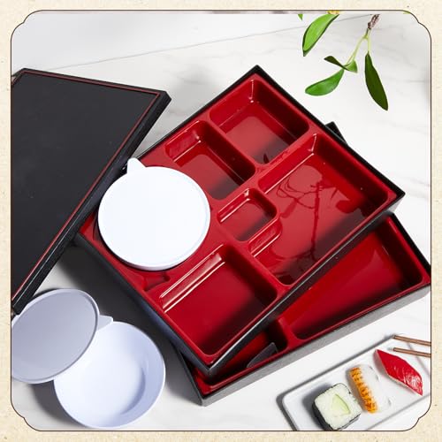 Teenyyou 4 Pcs 12 x 9.5 x 2.2 inches Japanese Bento Box 6 Compartments and Bowl Divided Japanese Food Presentation with Greaseproof Restaurant Bento Tray Sushi Tray Gift for Sushi Home Restaurant - style: 6 Compartments and Bowl