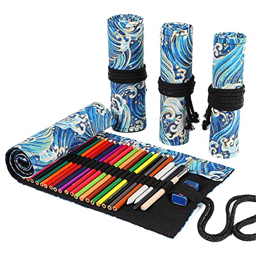 DIYOMR 24/36/72 Slots Pencil Wrap Pencil Rolls, Artist Colored Pencils Roll Up Bag Short Brushes Pouch Case Pencils Organizer for Drawing Coloring and Sketching (Blue Ocean, 24slots) - color: Blue Ocean, size: 24slots