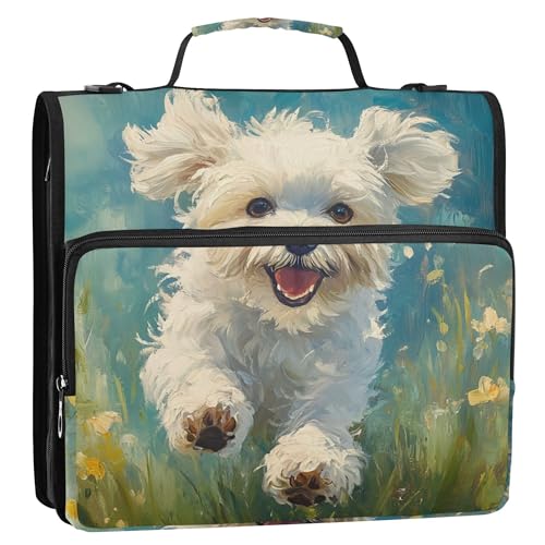 Cute Running Puppy Zipper Binder with Shoulder Strap, 500 Sheets Capacity, Multiple Pockets 1.5Inch 3 Ring Zipper Binder - color: Cute Running Puppy