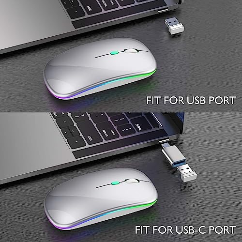 Wireless Bluetooth Mouse for MacBook Air/Mac/Pro/Laptop/Computer/PC,Rechargeable Dual Mode Switch Mouse Bluetooth 5.2/3.0 and 2.4GHz USB Receiver (Silver)