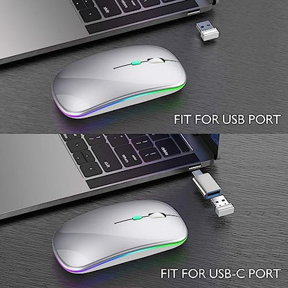 Wireless Bluetooth Mouse for MacBook Air/Mac/Pro/Laptop/Computer/PC,Rechargeable Dual Mode Switch Mouse Bluetooth 5.2/3.0 and 2.4GHz USB Receiver (Silver)