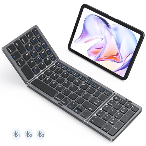 Foldable Bluetooth Keyboard, Wireless Portable Keyboard with Numeric Keypad, Rechargeable Pocket-Sized Travel Keyboards for Windows, iOS, Android Smartphone, Tablet, and Laptop, Support 3 Devices - color: Gray