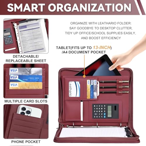 Leathario Portfolio Binder, Includes 5 Sheet Protectors and a Pen, 13 Inch Tablets Organizer, Vegan Leather A4 Padfolio, Multi-Pocket Notepad Business Planner Professional Document - color: Relief Red