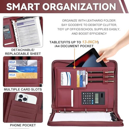 Leathario Portfolio Binder, Includes 5 Sheet Protectors and a Pen, 13 Inch Tablets Organizer, Vegan Leather A4 Padfolio, Multi-Pocket Notepad Business Planner Professional Document - color: Relief Red