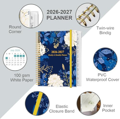 2026-2027 Planner - Weekly Monthly Planner 2026-2027 from July 2026 to June 2027 with 12 Monthly Tabs, Flexible Cover, Inner Pocket, 8.5" x 11", Blue Leaf Flower - color: Blue-Leaf-Flower, size: 8.5" x 11"