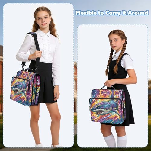 Fire and Lightnbing Shark 3 Ring Zipper Binder Bag with Laptop Pockets and Shoulder Strap Tote Binders Organizer Case for School Office - color: Lightnbing Shark