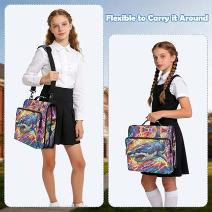 Fire and Lightnbing Shark 3 Ring Zipper Binder Bag with Laptop Pockets and Shoulder Strap Tote Binders Organizer Case for School Office - color: Lightnbing Shark
