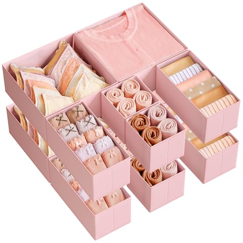 SONGMICS Drawer Organizers, Dresser Divider Organizers, Set of 12, Foldable Fabric Storage Boxes for Socks, Underwear, Bras, Ties, Scarves, Jelly Pink URDZ006R01 - color: Jelly Pink, size: 12 Pack