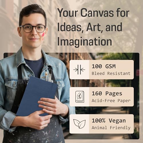 BROWNSTONE JOURNALS A5 Sketch Book Hardcover - 80 Sheets 100 GSM Paper 5"x8", Lay Flat, Vegan Leather Cover, Elastic Band, Back Pocket, Art Drawing Book (Symphony Blue) - color: Symphony Blue, size: A5 (5" x 8")