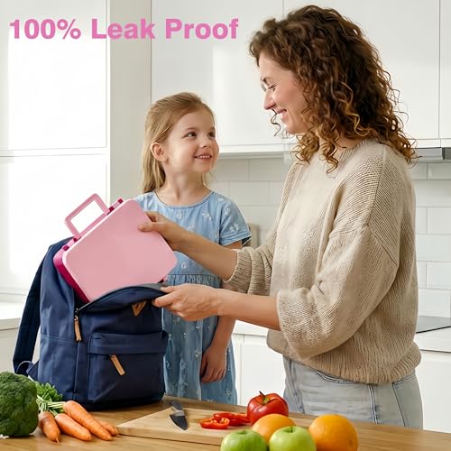 HOMEKOL Bento Lunch Box Set for Kids, Pink | with Stainless Steel Insulated Food Jar, Plastic Water Bottle, Bag and Silicone Spoon and Fork for Boys Girls - color: Pink