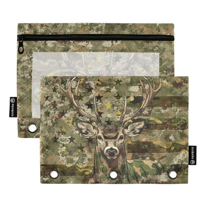 Camo Pencil Pouch For 3 Ring Binder Clear Window Pencil Case For 3 Ring Reinforced Grommets With Zipper, 2 Pack - color: Camo