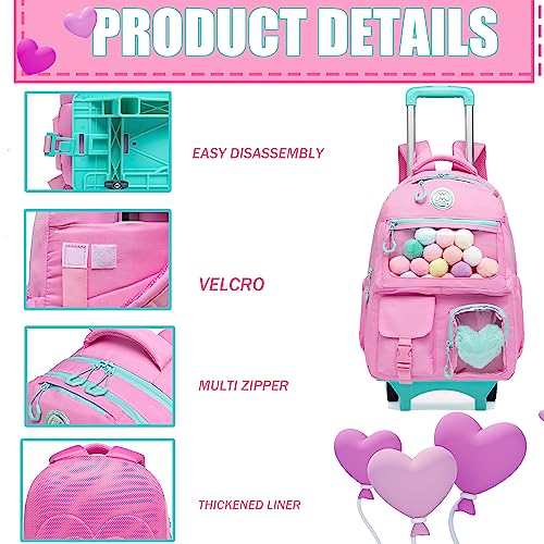 Rolling Backpack for Girls Kids Backpack with Wheels Backpacks for Elementary with Lunch Box Pencil Case Trolley Luggage - color: Pink