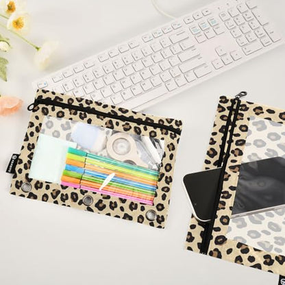 2 Pack 3 Ring Binder Pencil Pouch Leopard Print Pencil Case Pencil Bags with Zipper, Clear PVC Binder Pockets for Office Daily Supplies - color: Color 2