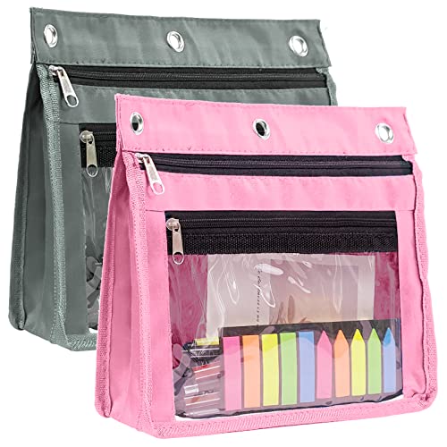YoeeJob 2 Pack 1 Inch Expandable Zipper Pencil Pouches with Clear Window for 3 Ring Binder, Suitable for School & Office (Grey+Pink) - color: Grey+pink