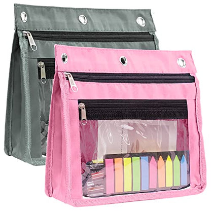 YoeeJob 2 Pack 1 Inch Expandable Zipper Pencil Pouches with Clear Window for 3 Ring Binder, Suitable for School & Office (Grey+Pink) - color: Grey+pink