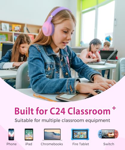 rockpapa Kids Headphones, Wired Headphones for Kids with Microphone, 85/94dB Volume Limiter Head Phones for Girls Boys, Foldable Headphone for School Tablet Laptop Purple Pink - color: Purple Pink