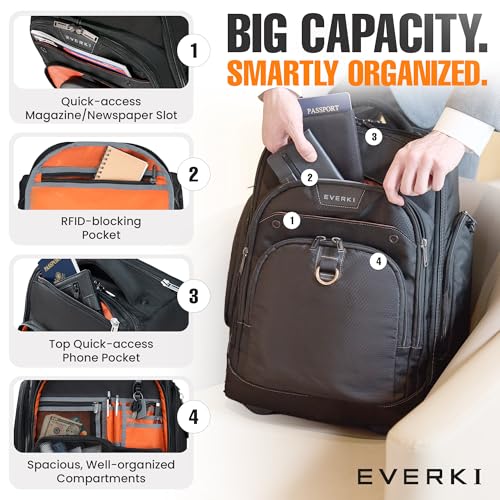 EVERKI Atlas Wheeled 2 Rolling Backpack, 30L 13 To 17.3-Inch Laptops Travel Backpack with Wheels for Professional, RFID-Blocking Pocket, Book Bag with Wheels, Business Travel. Quick-access Pockets - size: Atlas Wheeled V2 - 30L