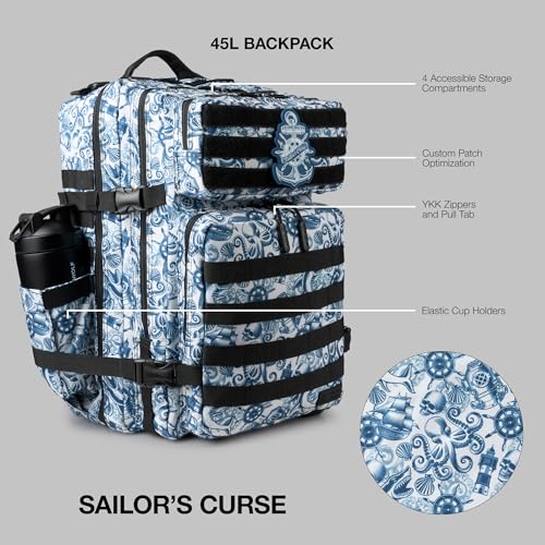 WOLFpak 45L Athletic Gym Backpack - Durable 1000D Waterproof Oxford Material with MOLLE Webbing, Laptop Pocket - color: Sailor's Curse