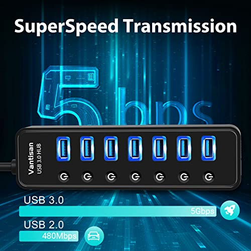 vantisan USB Hub 3.0 Powered, 7 Ports USB Data Hub Splitter with One Smart Charging Port and 5V/4A Powered Adapter and ON/Off Switches for MacBook, Mac Pro/Mini, iMac, Surface Pro Laptop/PC - color: black